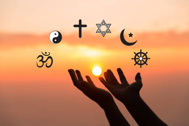 Religious symbols. Christianity cross, Islam crescent, Buddhism dharma wheel, Hinduism aum, Judaism David star, Taoism yin yang, world religion concept. Prophets of all religions bring peace to world. stock photo