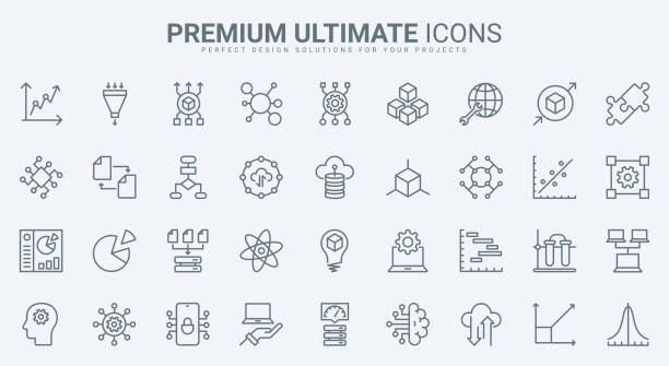 Data report and science model research, deep analysis with AI thin line icons set Data report and science model research, deep analysis with AI thin line icons set vector illustration. Abstract outline machine learning, probability calculation, algorithms and system prediction order stock illustrations