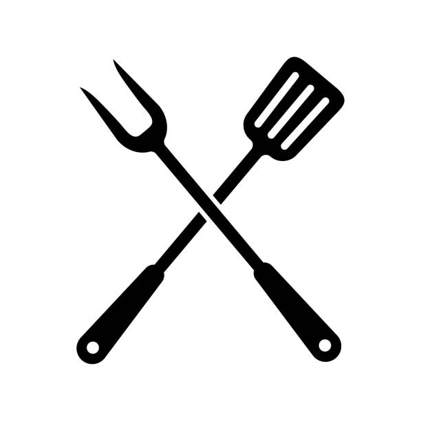 spatula and fork, barbeque grill spatula and fork, barbeque grill serving tongs stock illustrations