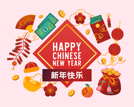 Chinese New Year Elements And Decoration, Vector, Illustration, Translate : Happy New Year