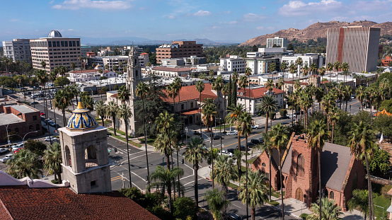 Daytime aerial view of historic downtown Riverside, California, USA.