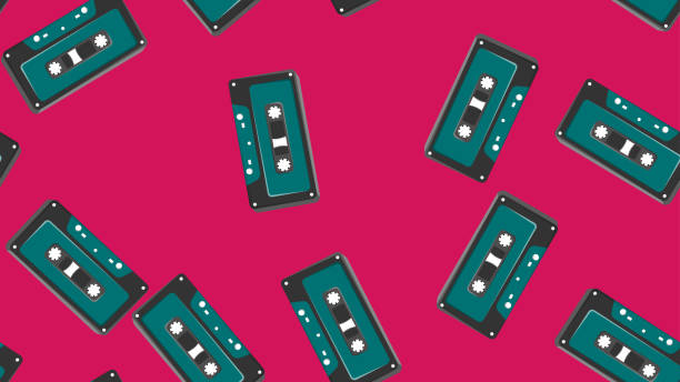 illustrazioni stock, clip art, cartoni animati e icone di tendenza di modello senza soluzione di continuità senza fine con cassette audio musicali vecchio retrò vintage hipster degli anni '70, '80, '90 isolato su sfondo rosso. illustrazione vettoriale - beige background audio