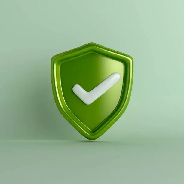 Photo of Green shield with check mark, secured protection concept, 3d rendering illustration