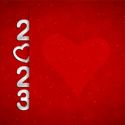 A vector illustration of New Year or Valentine theme white text 2023 with a heart over a red background. The text is being inserted into a an opening or cut on the sheet, looks like an envelope. Apt for Happy New Year, Christmas, Love, Anniversary, Valentine's Day theme backgrounds, greeting cards, posters, banners and backdrops.