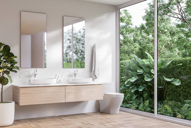 istock Modern contemporary style restroom with tropical style nature view 3d render 1450242224