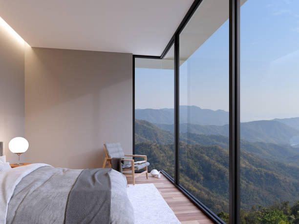 istock Modern style small bedroom with wide mountain view background 3D render 1450242225