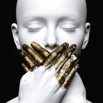Golden silence. A white female figure covering her mouth with both hands. Her fingers are covered with gold leaf. Close-up. 3D Illustration.