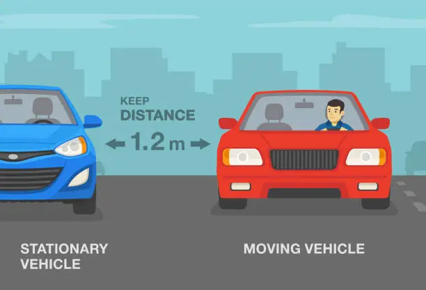 Vector illustration of Moving sedan car passing the stationary vehicle. Keep at least 1.2 meter distance.