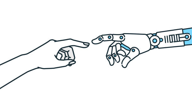 Artificial Intelligence AI and Humans. An illustration evoking a partnership. Artificial Intelligence AI and Humans. An illustration evoking a partnership. man and machine stock illustrations