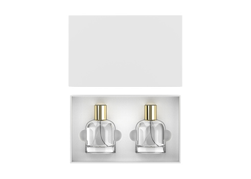 Blank perfume bottles in hard gift box for branding, 3d render illustration.