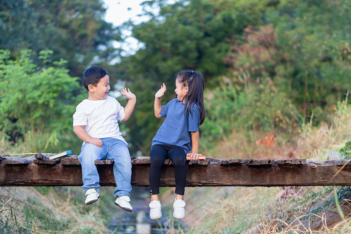 Cheerful children sitting on wooden bridge, Asian kids playing in garden, boy and girl reading books