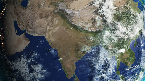 Satellite view of Earth with Zoom in on India from space\n\nThe Earth maps used in the image are from following website\nhttps://www.solarsystemscope.com/textures/