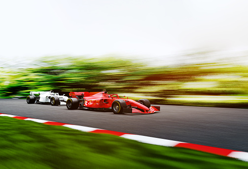 front view of fast moving generic red open-wheel single-seater racing car  race car leading  on a race track, motion blur,  3D render, car of my own design.