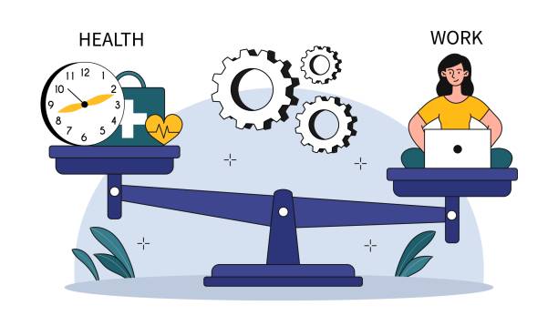 Work and health unbalance Work and health unbalance. Girl with laptop sits on scale with medicines. Arrangement of life priorities, character makes choice and decision. Hardworking manager. Cartoon flat vector illustration unbalance stock illustrations