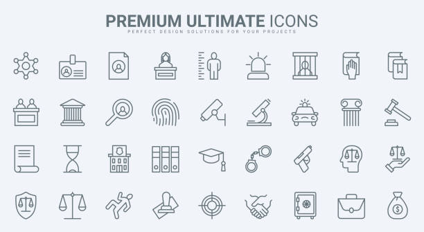 Legal system, law and justice thin line icons set, lawyer and judge, court building Legal system, law and justice thin line icons set vector illustration. Abstract outline lawyer and judge from government court building, jail and handcuffs for criminal, sheriff and police badge authority stock illustrations