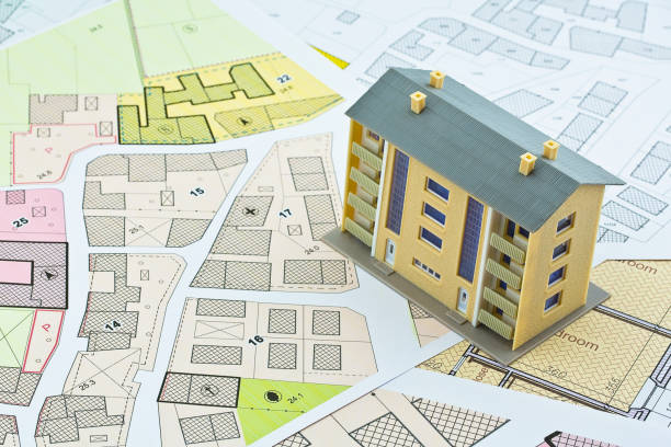 istock Imaginary cadastral map and general urban plan with cadastral parcels, urban destinations, vacant land plots and condominium residential building 1450249554