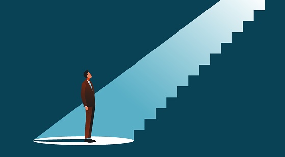 Man looking on a staircase made of ray of light. New opportunity and solution concept. Vector illustration.