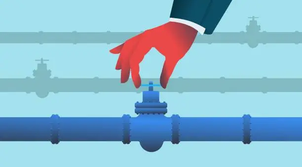 Vector illustration of Hand closing valve on a gas pipeline illustration.