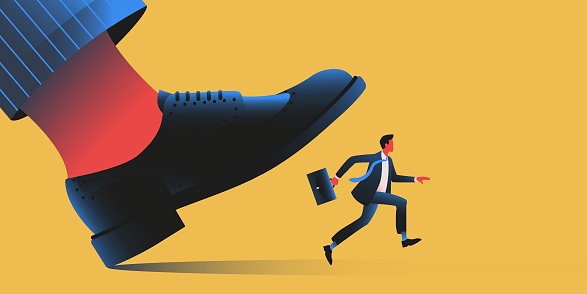 Little manager escaping from giant foot. Boss squeezing employee. Risk, bankruptcy, unemployment concept. Vector illustration.
