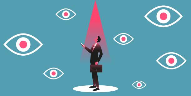 Businessman and giant eyes around illustration. Businessman with smartphone looking on giant eyes around. Spyware and hacking concept. Vector illustration. big brother orwellian concept stock illustrations