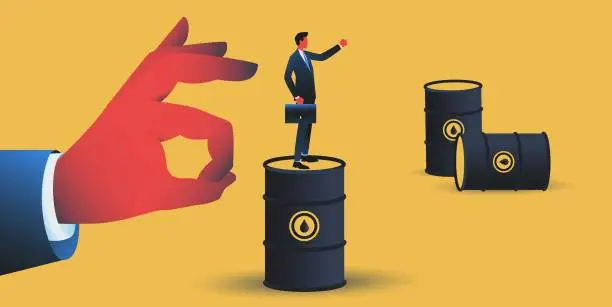 Vector illustration of Giant hand flicking manager standing on oil barrell