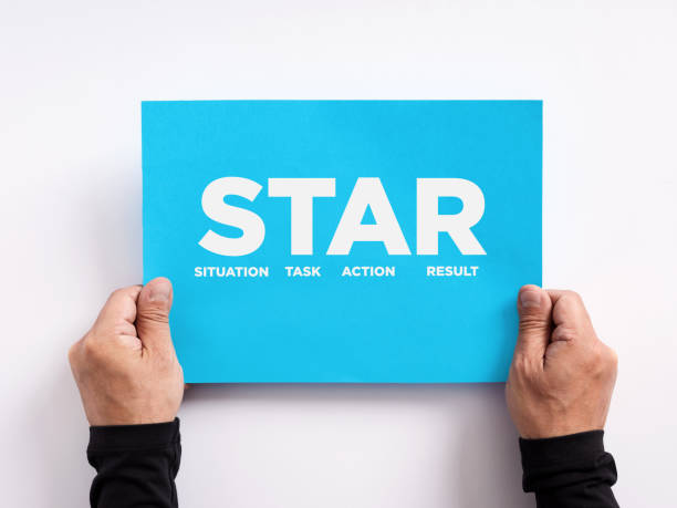 STAR method for business job interviews. Behavioral interviewing response technique. Male hand holding a blue paper with the word STAR acronym for situation, task, action and result.