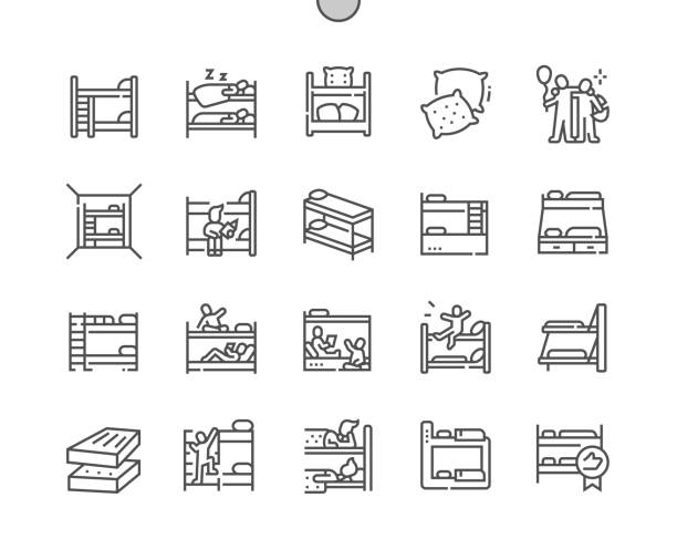 illustrations, cliparts, dessins animés et icônes de lit superposé. chambre d’enfants. matelas. meubles dans la maison. icônes de ligne mince vectorielle parfaite au pixel près. pictogramme minimal simple - lit superposé