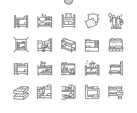 Bunk bed. Childrens room. Mattresses. Furniture in house. Pixel Perfect Vector Thin Line Icons. Simple Minimal Pictogram