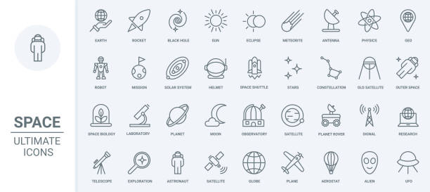 Space travel, universe research technology thin line icons set, astronaut and spaceship Space travel, universe research technology thin line icons set vector illustration. Abstract outline astronaut and spaceship, moon and solar system planets, futuristic observatory and telescope eclipse icon stock illustrations