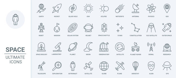 space travel, universe research technology thin line icons set, astronaut and spaceship - 天文台 幅插畫檔、美工圖案、卡通及圖標