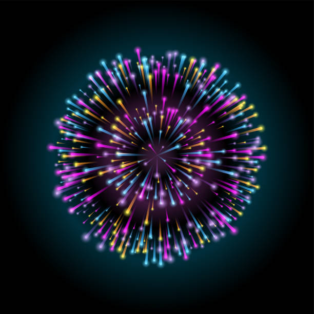 ilustrações de stock, clip art, desenhos animados e ícones de glowing multicolored firework on dark background. night bright advertisement. abstract neon splashes of a radial circular pattern. - abstract blue flame backgrounds