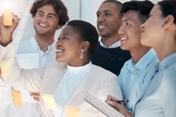 istock Teamwork planning, solution notes and window of ideas, vision and innovation in startup company. Happy business people brainstorming strategy logistics, analytics information and support in kpi goals 1450251928