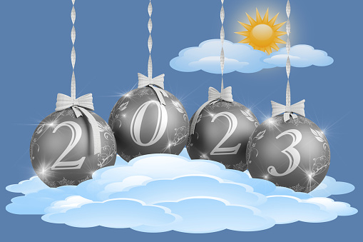 3D illustration. New Year 2023. New Year 2023 in numbers and with Christmas decoration.