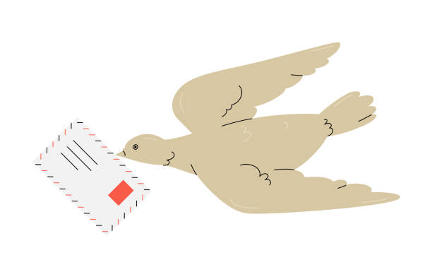 Carrier pigeon with envelope. Vector illustration. Cartoon or comic style. Old communication channel. Mail delivery. Pigeon post. Editable stroke.