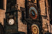 Closeup shot of the Astronomical clock in sunlight in Prague