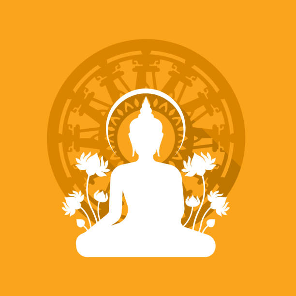 Modern White Buddha meditated sign and lotus flower around on dharmachakra wheel of dhamma in yellow background flat style vector design Modern White Buddha meditated sign and lotus flower around on dharmachakra wheel of dhamma in yellow background flat style vector design dharmachakra stock illustrations