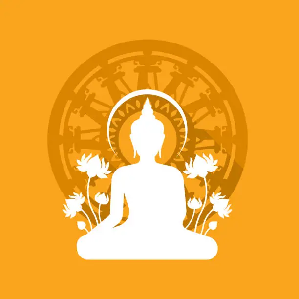 Vector illustration of Modern White Buddha meditated sign and lotus flower around on dharmachakra wheel of dhamma in yellow background flat style vector design