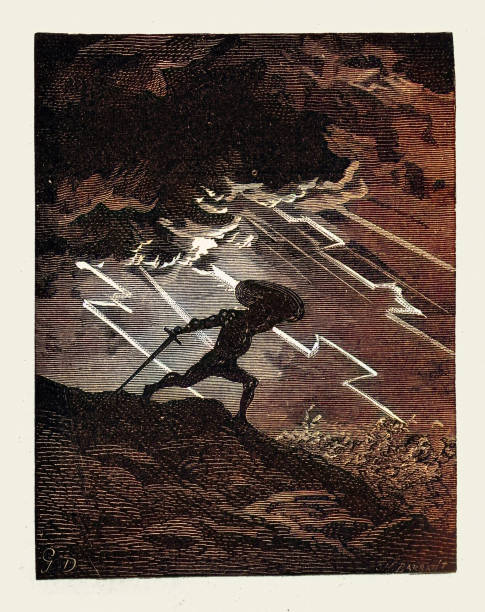 istock Hero warrior knight on the battlefield surrounded by thunder and lightning, Fantasy, Orlando Furioso 1450258025