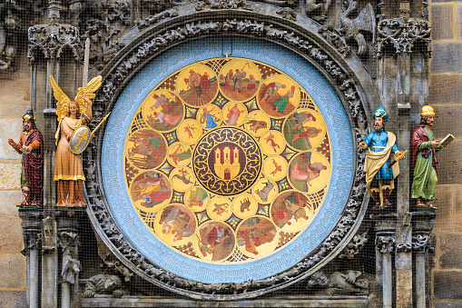 Prague Calendar dial close-up. The main attraction of the capital of the Czech Republic. Background or backdrop