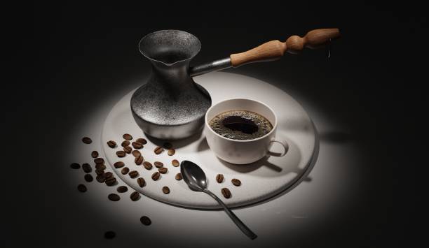 istock Fresh black coffee in a mug poured from an old coffee pot. Coffee beans on the table, a fragrant drink. 3d render 1450259661