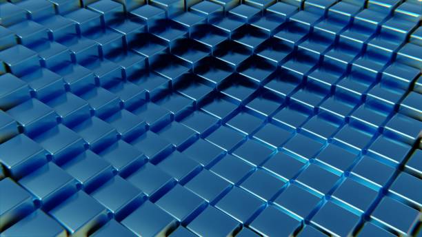 istock Digital cubic abstract background of blue color, metal squares, reflection, digital space. 3d render 1450259749
