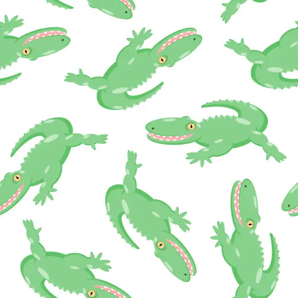 Vector illustration of Pattern seamless illustration of a green crocodile with a smile on a white background, vector isolated.