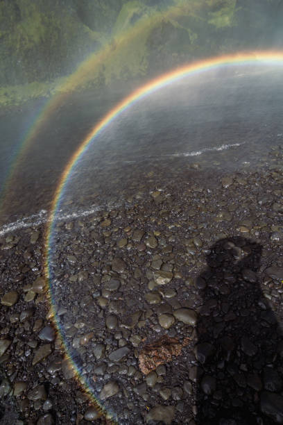 Close up circle rainbow over shallow creek concept photo. Nature beauty. Front view photography with river on background. High quality picture for wallpaper, travel blog, magazine, article