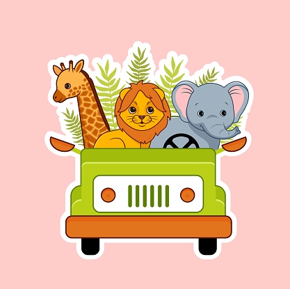 Cute animals on car icon. Giraffe, tiger and elephant in vehicle against background of tropical foliage, jungle. Travel and tourism, adventure. Cartoon flat vector illustration