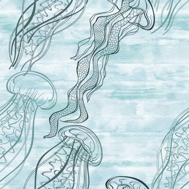 ilustraciones, imágenes clip art, dibujos animados e iconos de stock de patrón vectorial sin costuras con medusas sobre fondo de acuarela azul. fondo de naturaleza abstracta.  vector. perfecto para plantillas de diseño, papel tapiz, envoltura, tela y textil. - jellyfish moon jellyfish underwater wildlife