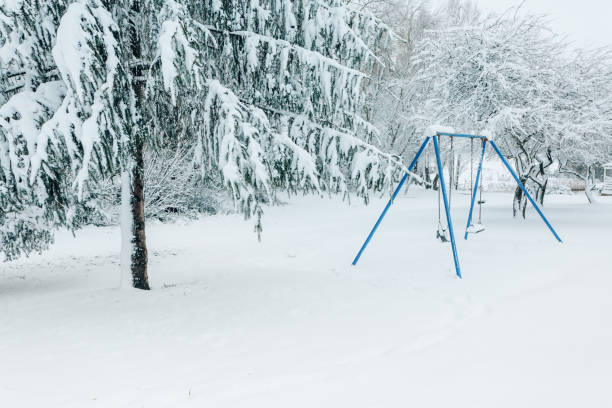 istock Swing set and trees in a park dusted and covered with fresh white snow 1450262464