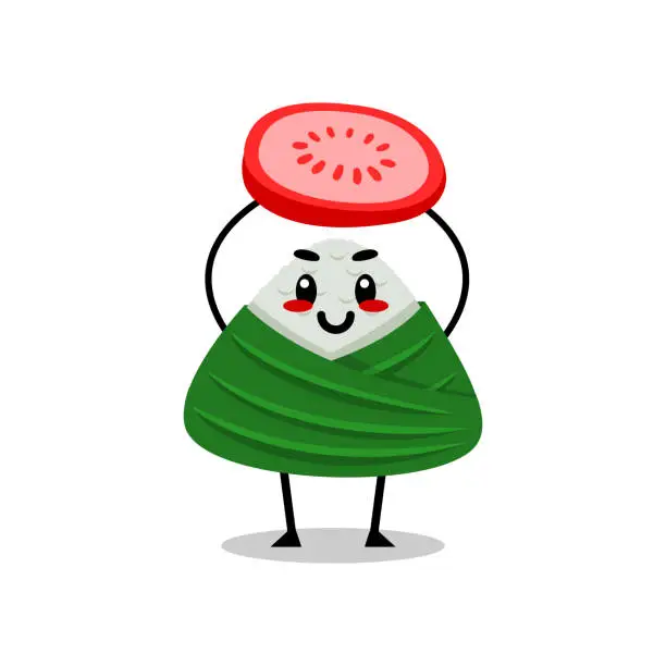 Vector illustration of nasi lemak illustration with cute face while lifting a tomato. malaysian and indonesian food.