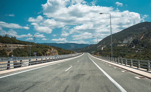 France - Apr 19, 2019: Light traffic on French highway perspective view at the long autoroute and St Die des Vosges, Schirmeck, Molsheim, Colmar, Mulhouse, Duppigheim, Duttlenheim arrow direction signs