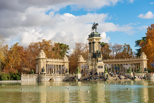 View of the Cristal Palace at the Parque del Retiro in Madrid, Spain.