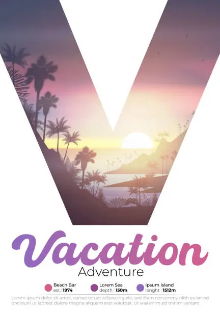 Vector illustration of Sunset on a tropical beach poster with palms